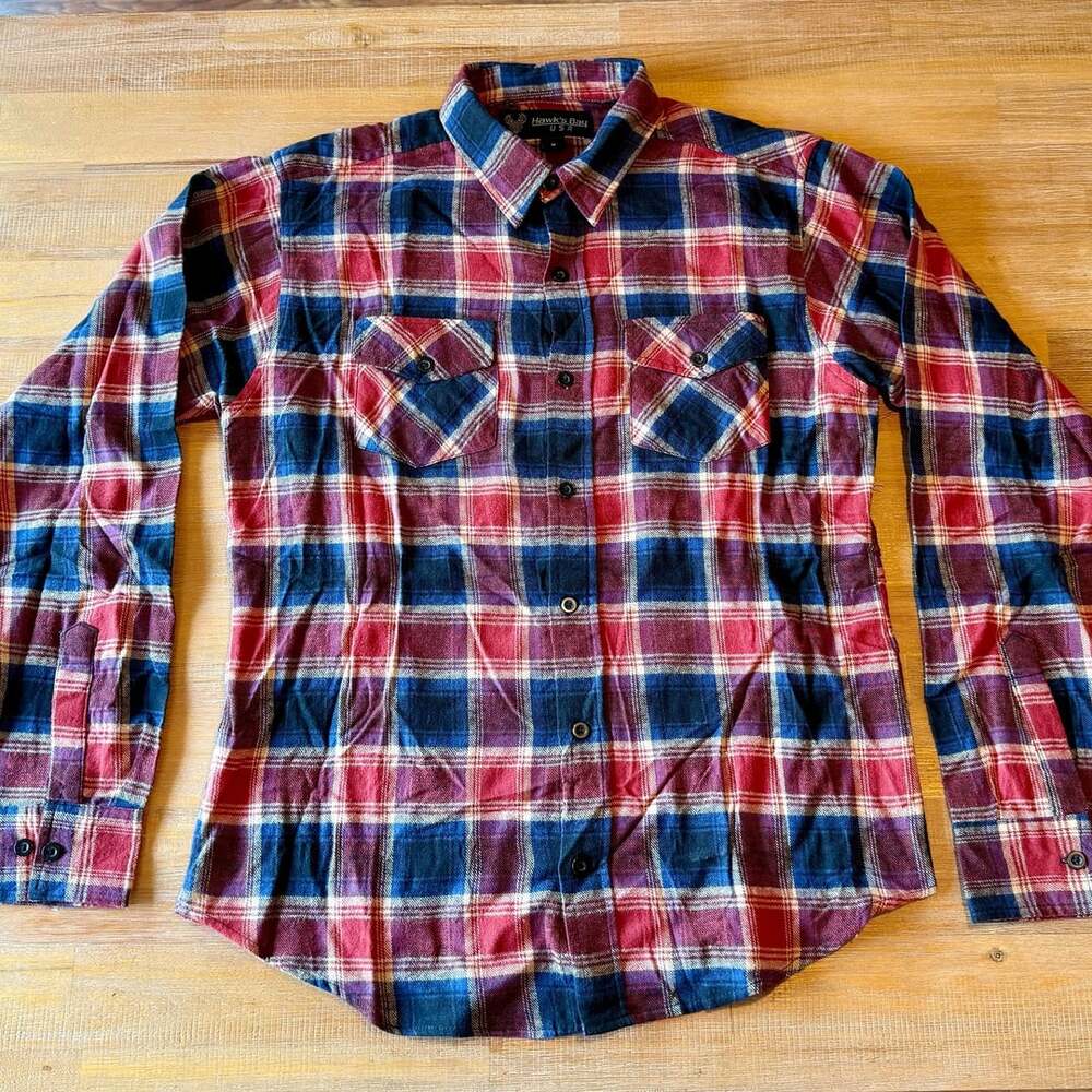 Hawk's Bay USA Red, Blue, and White Plaid Flannel Button-Down Shirt Medium